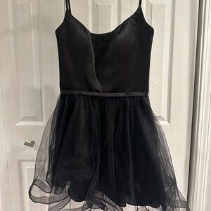 La Femme Black Satin & Tulle Fit & Flare Dress